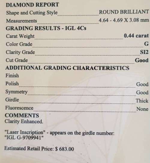Diamond  0.44Cts  *CERTIFIED* Round  G/SI2 Loose Natural Diamond