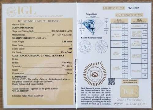 Diamond  0.48Cts  *CERTIFIED* Round  F/SI1Loose Natural Diamond