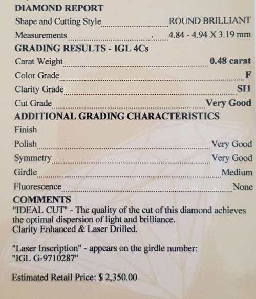 Diamond  0.48Cts  *CERTIFIED* Round  F/SI1Loose Natural Diamond