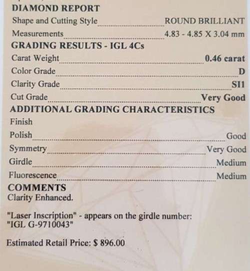 Diamond  0.46Cts  *CERTIFIED* Round  D/SI1 Loose Natural Diamond