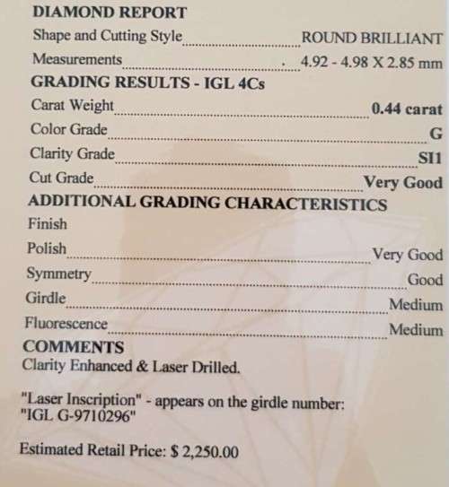 Diamond  0.44Cts  *CERTIFIED* Round  G/SI1 Loose Natural Diamond