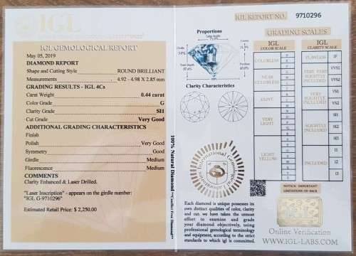 Diamond  0.44Cts  *CERTIFIED* Round  G/SI1 Loose Natural Diamond