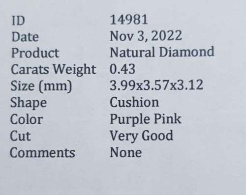 0.43Cts DIAMOND LIGHT PINK CUSHION CUT  **CERTIFIED** SPARKLING  COLOR NATURAL