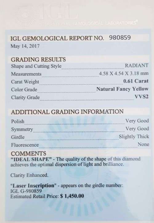 0.61Cts DIAMOND RADIANT CUT VVS2 LIGHT YELLOW `CERTIFIED` SPARKLING  COLOR NATURAL