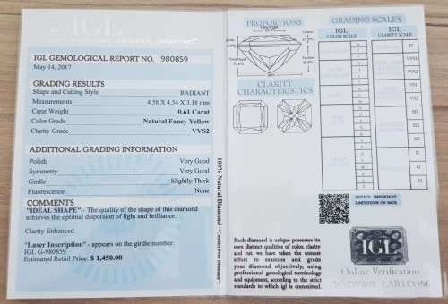 0.61Cts DIAMOND RADIANT CUT VVS2 LIGHT YELLOW `CERTIFIED` SPARKLING  COLOR NATURAL