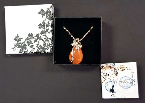 Swarovski Necklace Orange Pear cut Gold Plated  Link Chain