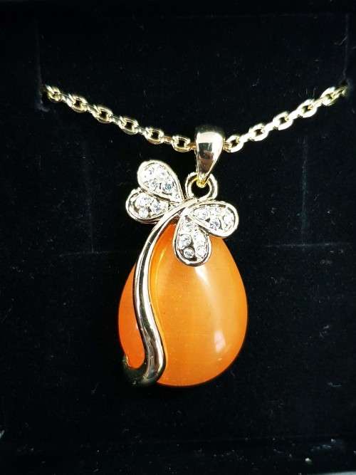 Swarovski Necklace Orange Pear cut Gold Plated  Link Chain