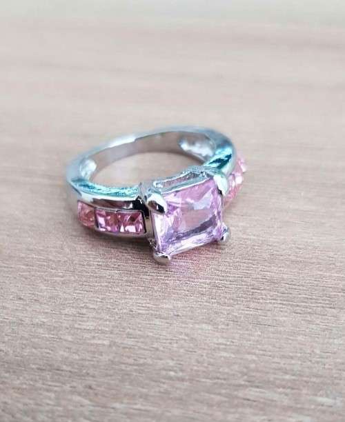Pink Cushion Cut Crystal Engagement Ring in  Silver