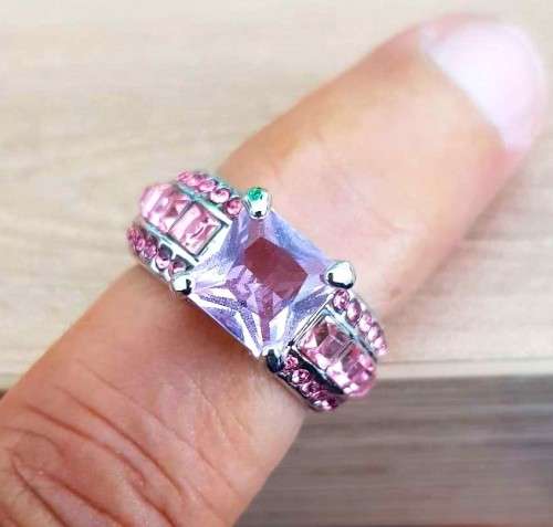 Pink Cushion Cut Crystal Engagement Ring in  Silver with Side Stones