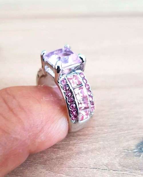 Pink Cushion Cut Crystal Engagement Ring in  Silver with Side Stones