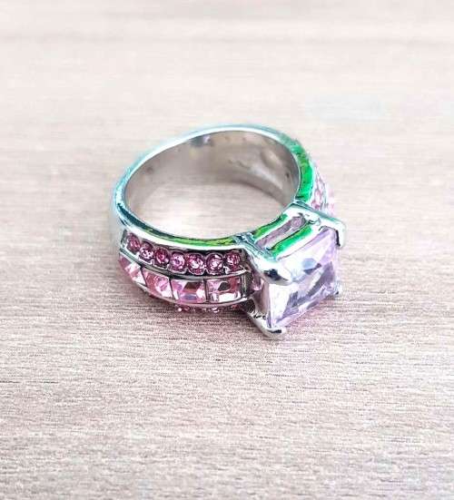 Pink Cushion Cut Crystal Engagement Ring in  Silver with Side Stones
