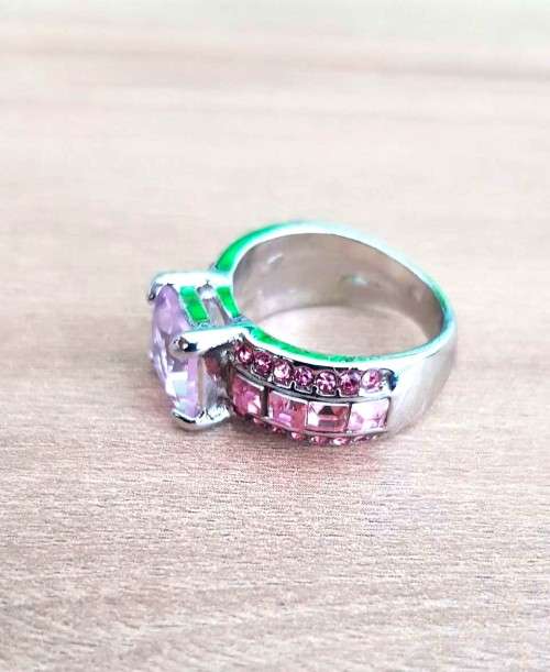 Pink Cushion Cut Crystal Engagement Ring in  Silver with Side Stones