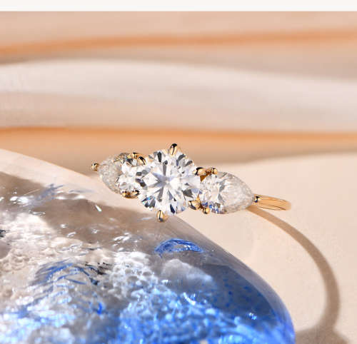1.00Cts Moissanite Triology Ring Pear side stones 10K Gold **GRA Certified**  VVSI/D