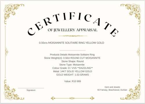 0.50cts Moisannite Solitaire Ring Round Cut 14KT **YELLOW GOLD**