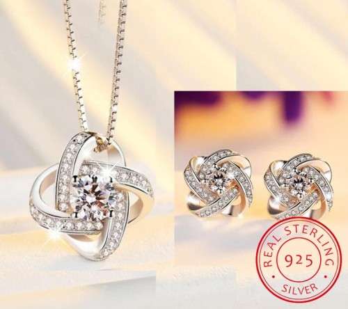 Forever Love Twist Flower Knot Pendant Necklace & Earrings Set in 925 Sterling Silver