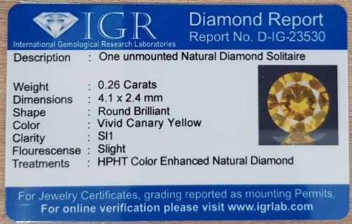 0.26cts. Round Brilliant Cut Vivid Yellow Loose Natural Diamond