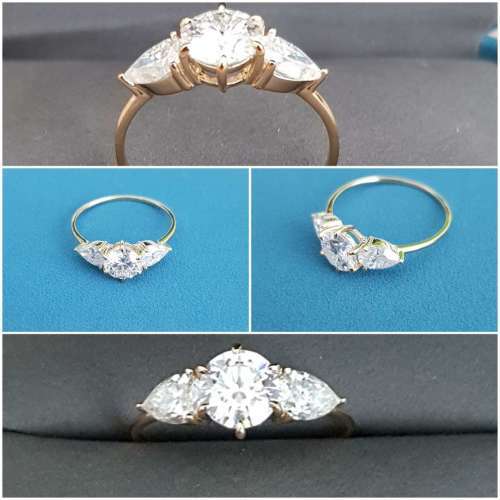 1.00Cts Moissanite Triology Ring Pear side stones 10K Gold **GRA Certified**  VVSI/D