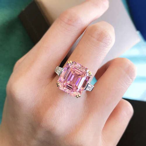 Pink Trilogy Ring Emerald & Tapered baguettes cut 925 Sterling Silver Gemstone Ring