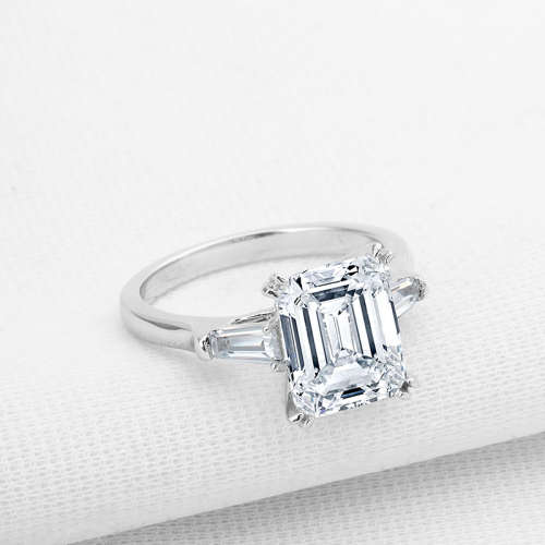 Trilogy Ring Emerald & Tapered baguettes cut 925 Sterling Silver Gemstone Ring