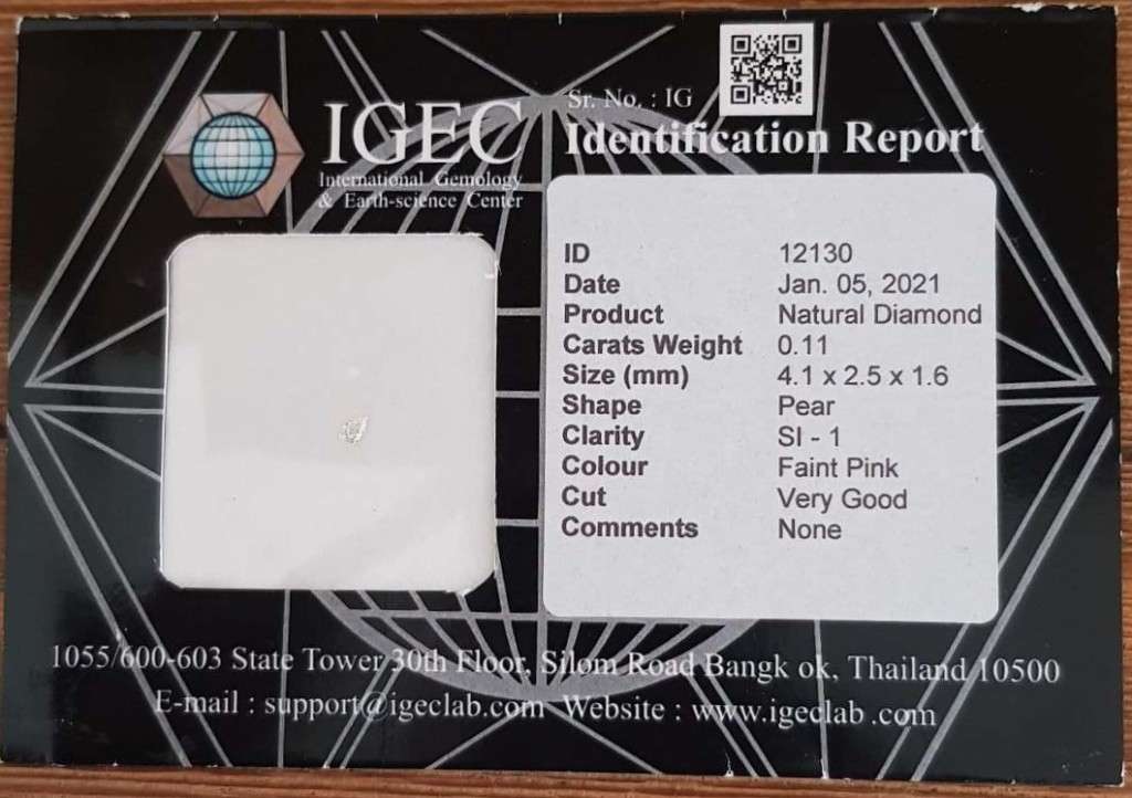 0.11cts Diamond Pear Cut SI1 Faint Pink  CERTIFIED
