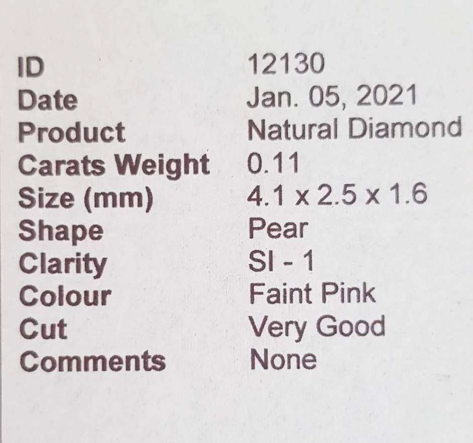 0.11cts Diamond Pear Cut SI1 Faint Pink  CERTIFIED