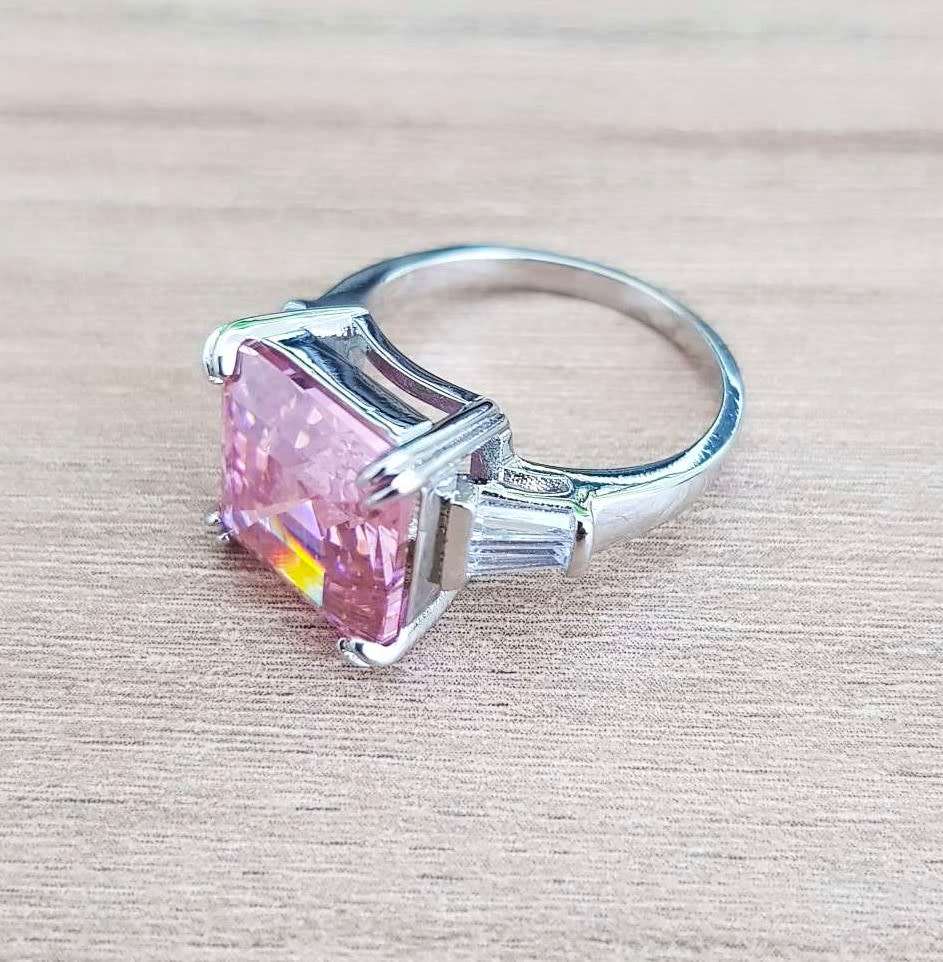 Pink Trilogy Ring Asscher Cut  Luxury Cocktail   **925 Sterling Silver **