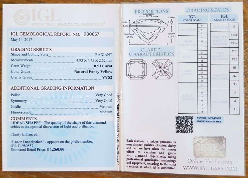 0.53Cts DIAMOND RADIANT CUT VVS` VIVID FANCY YELLOW **CERTIFIED**SPARKLING NATURAL