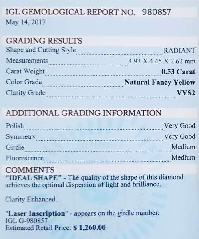 0.53Cts DIAMOND RADIANT CUT VVS` VIVID FANCY YELLOW **CERTIFIED**SPARKLING NATURAL