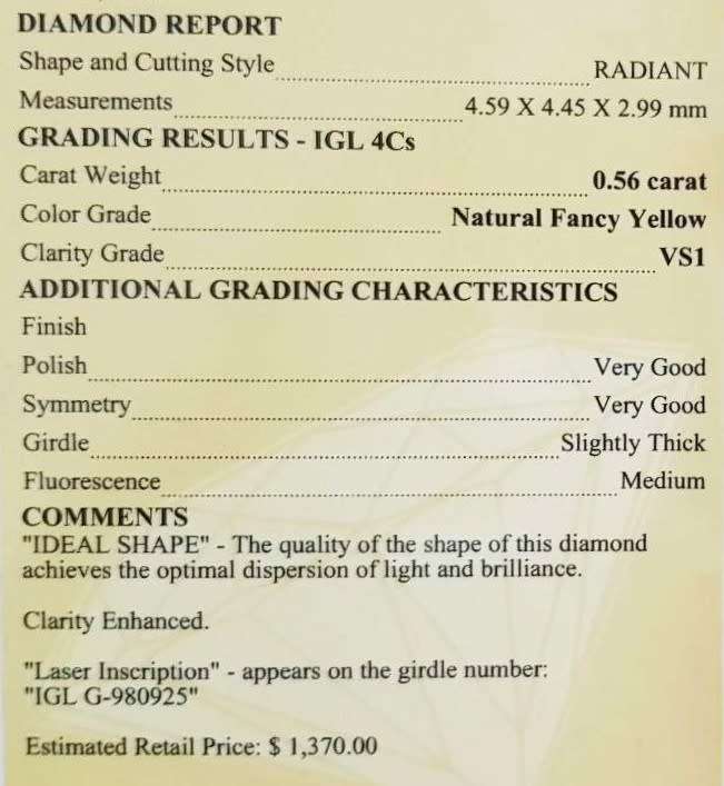 0.56Cts DIAMOND RADIANT CUT VSI  VIVID FANCY YELLOW **CERTIFIED**SPARKLING NATURAL