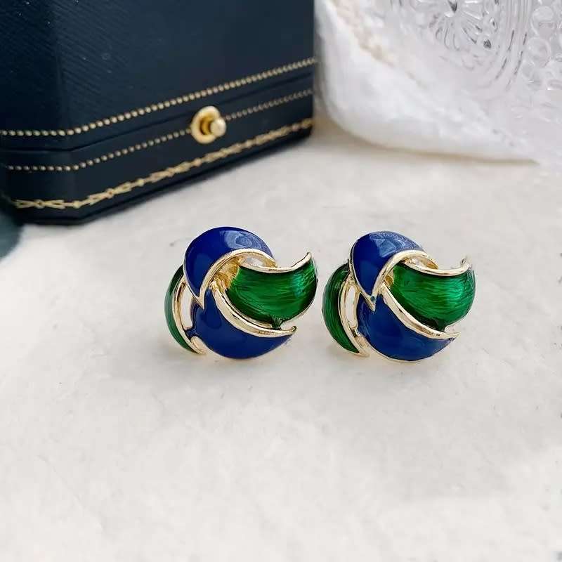 Swirl Earrings  Enamel Blue/Green with gold trim