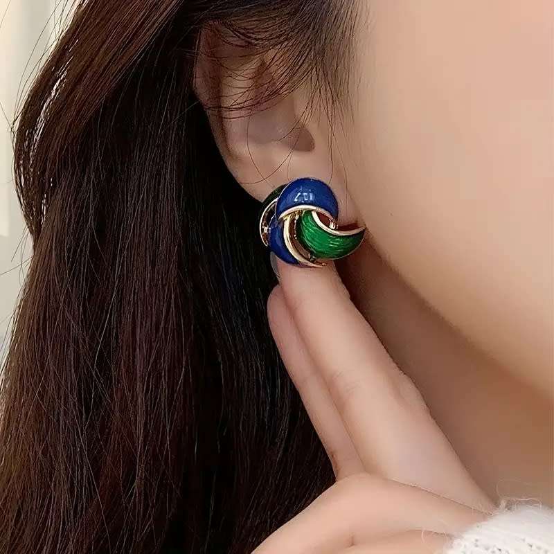 Swirl Earrings  Enamel Blue/Green with gold trim
