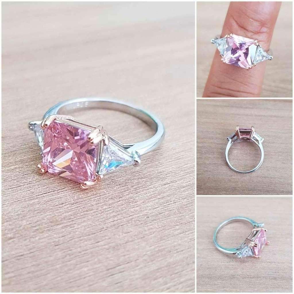Pink Radiant & Trillion cut Trilogy Ring 925 Sterling Silver pillow Gemstone