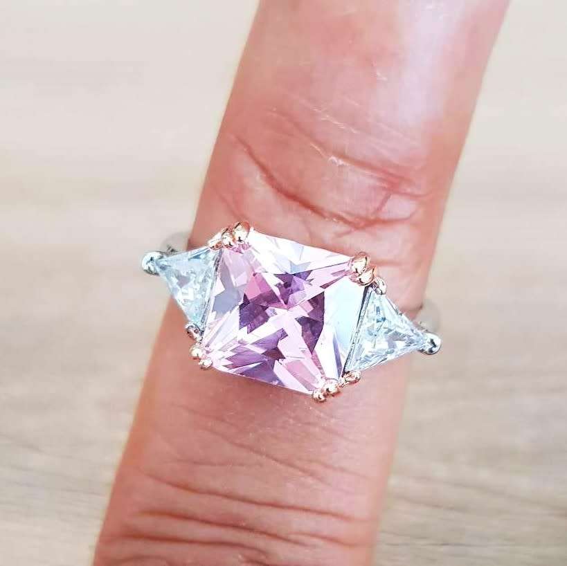Pink Radiant & Trillion cut Trilogy Ring 925 Sterling Silver pillow Gemstone