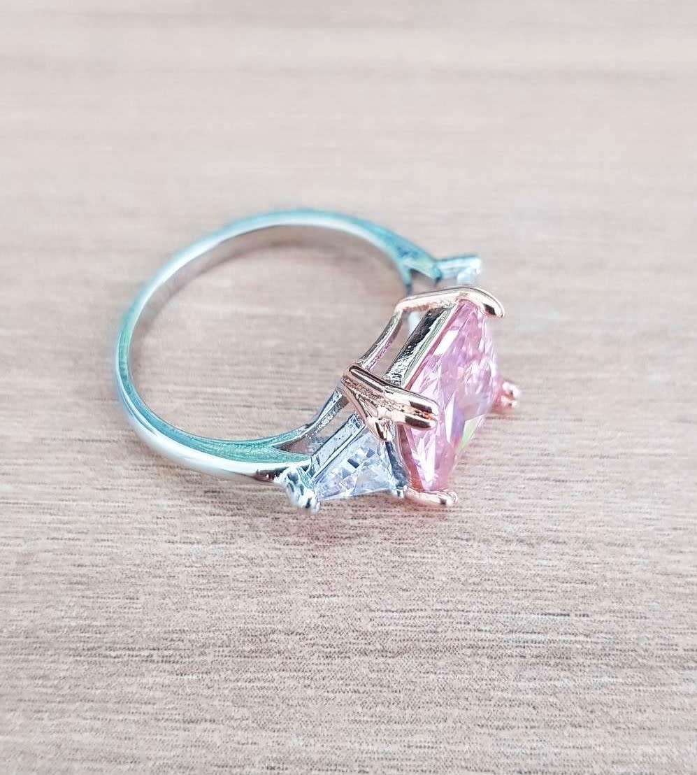 Pink Radiant & Trillion cut Trilogy Ring 925 Sterling Silver pillow Gemstone