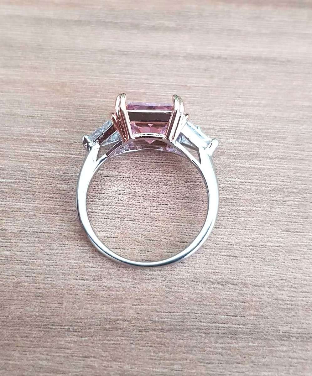 Pink Radiant & Trillion cut Trilogy Ring 925 Sterling Silver pillow Gemstone