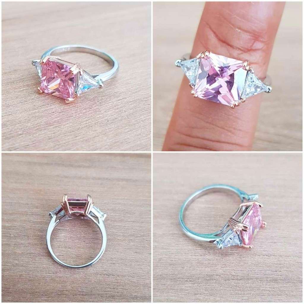 Pink Radiant & Trillion cut Trilogy Ring 925 Sterling Silver pillow Gemstone
