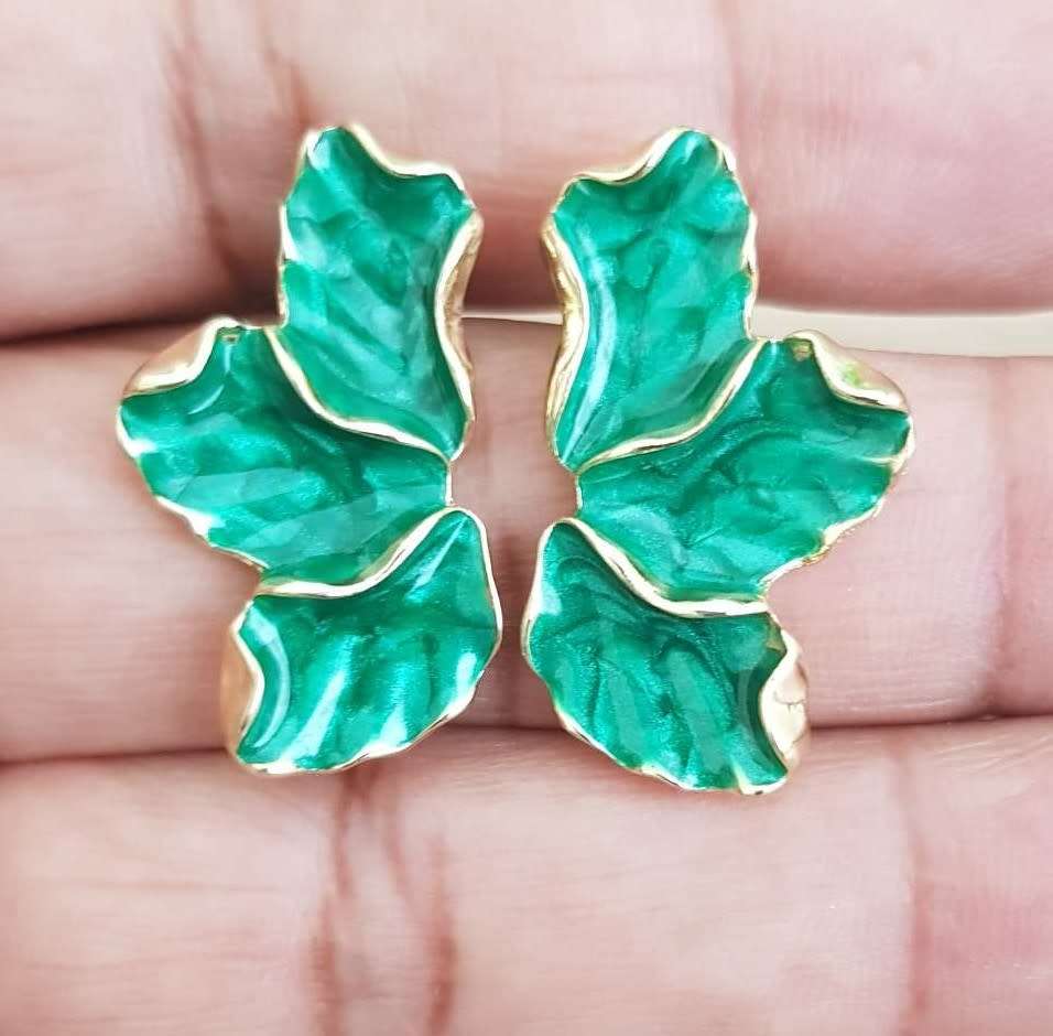 Green Maple Flower Enamel Petal Stud Earrings for Women