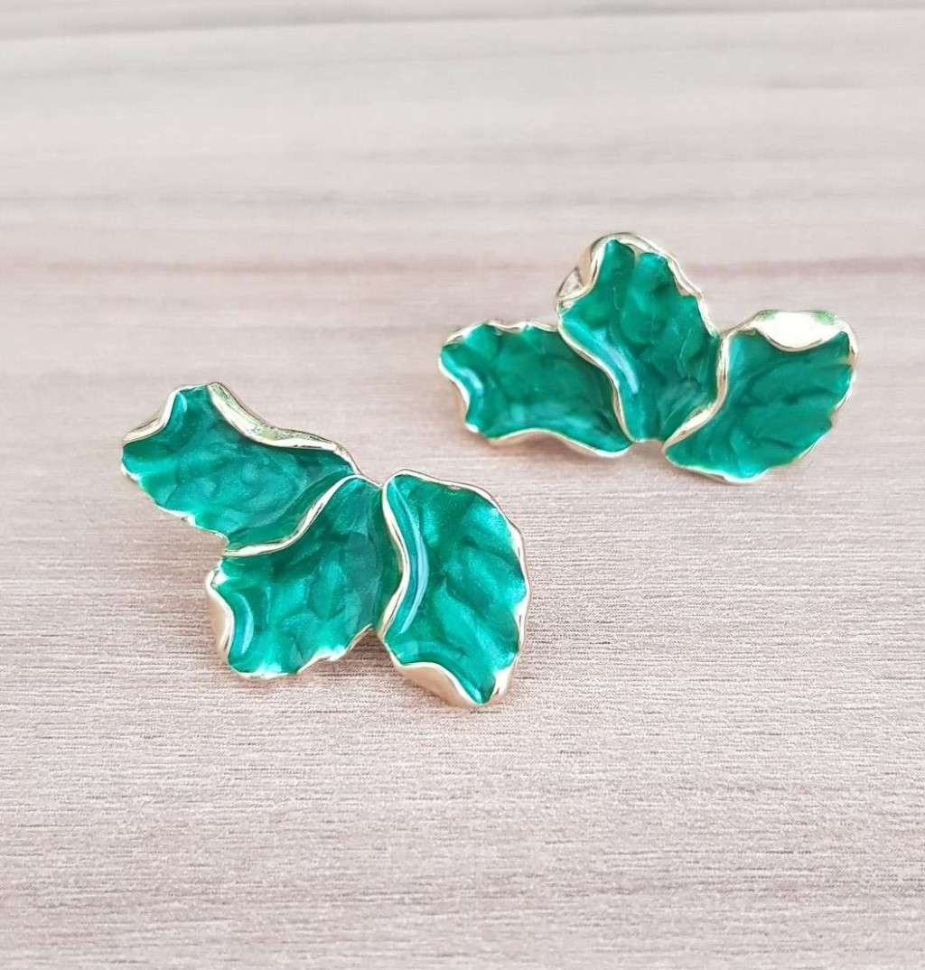 Green Maple Flower Enamel Petal Stud Earrings for Women