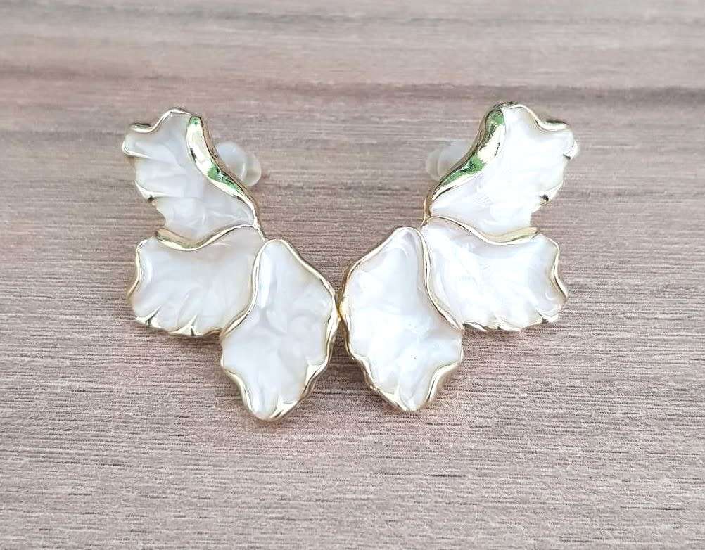 Pearl White Maple Flower Enamel Petal Stud Earrings for Women