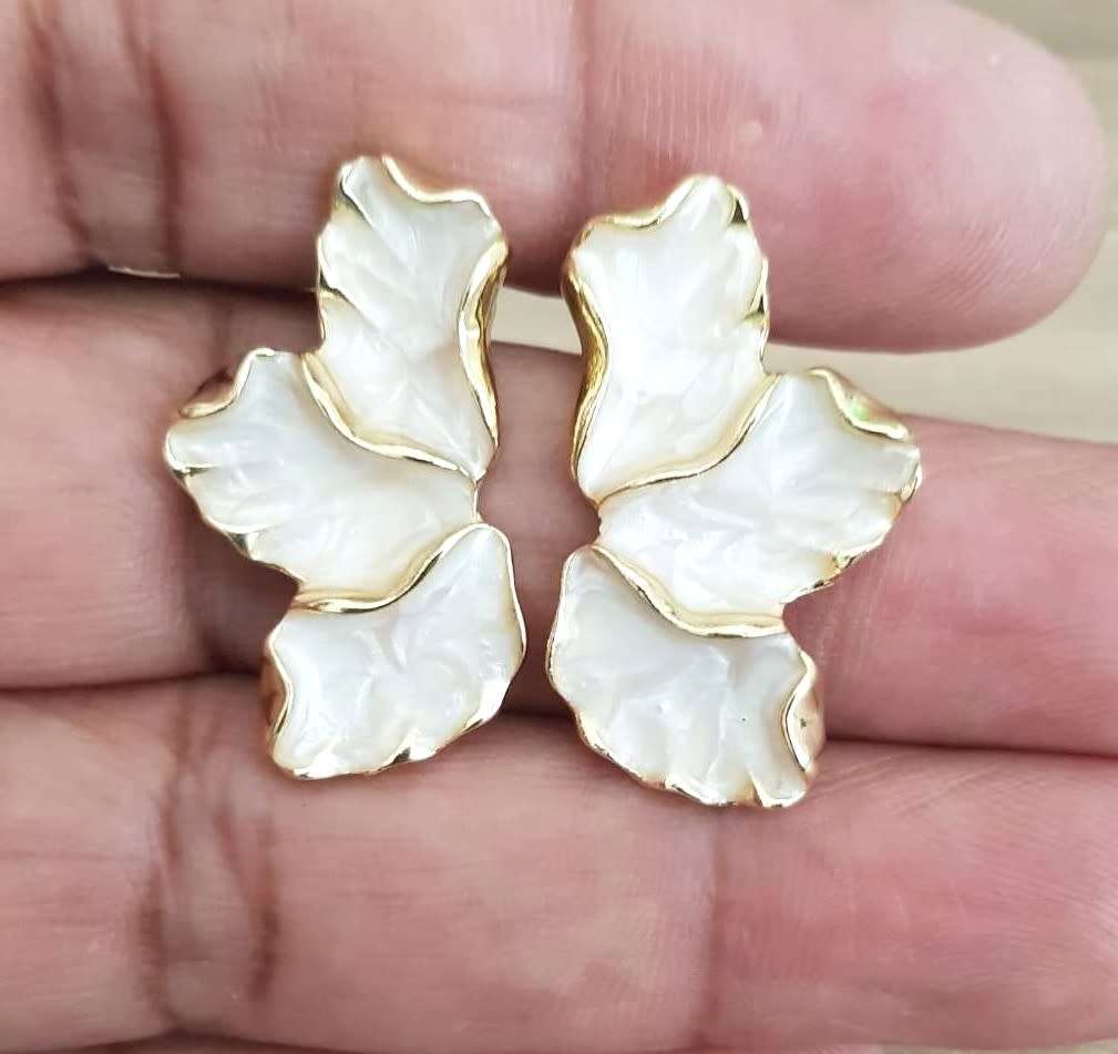 Pearl White Maple Flower Enamel Petal Stud Earrings for Women