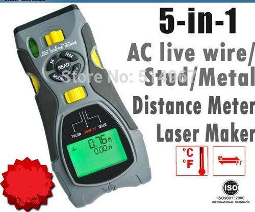 Multifunction 5in1 Digital Distance Meter Stud/Joists Metal Wire Detector Laser Marker Tool 0.6~16m