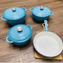 AUTHENTIC BLUE CAST IRON POTS 7 pieces