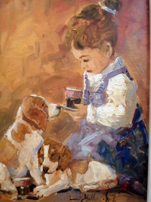 Phillip Britz - Girl with puppies - A stunning painting!! Low price, act fast and bid now!