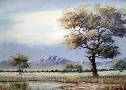 Paul Potgieter - Lake with mountains and landscape - Stunning oil painting, bid now!!