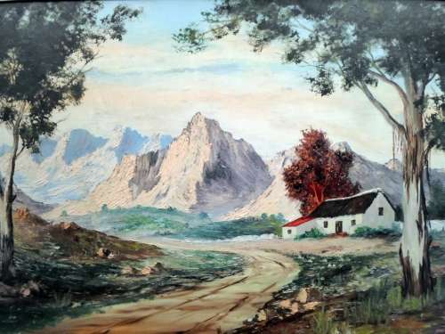 DJ Venter - Farm scene with mountain landscape - A stunning painting!! Bid now!
