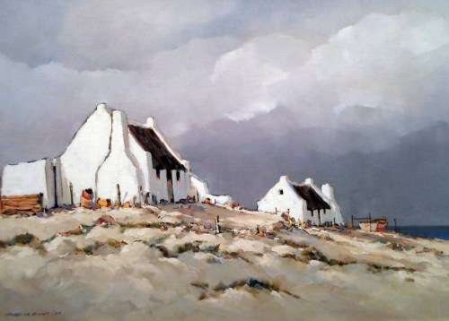Charles van der Merwe - Cape Dutch houses by the sea - 90cm x 60cm - A magnificent treasure!