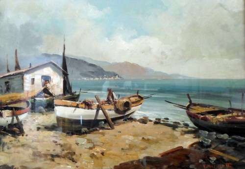 Joseph Nicoletti - Fishermans scene - A stunning oil painting! Low price, bid now!