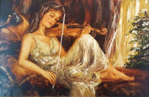 Sonja Meyer - Girl playing violin - 90cm x 60cm - Stunning investment art!! Bid now!