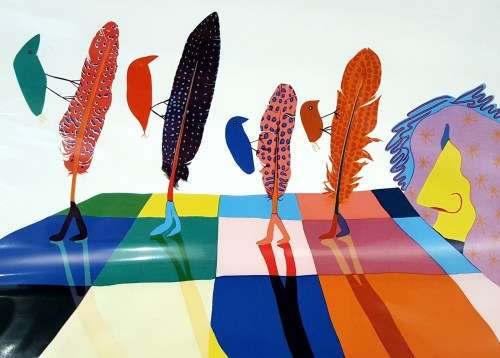 Walter Battiss - The invention of walking feathers - A beautiful print!  Bid now!