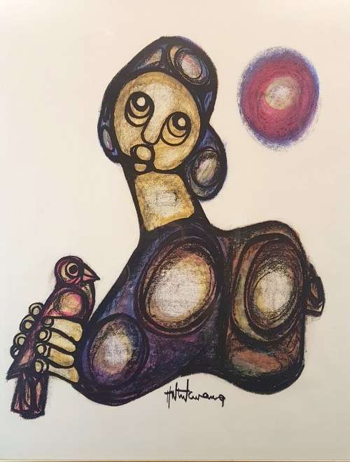 Hargreaves Ntukwana - Abstract man with bird - 90cm x 68cm -  A beauty, bid now!!